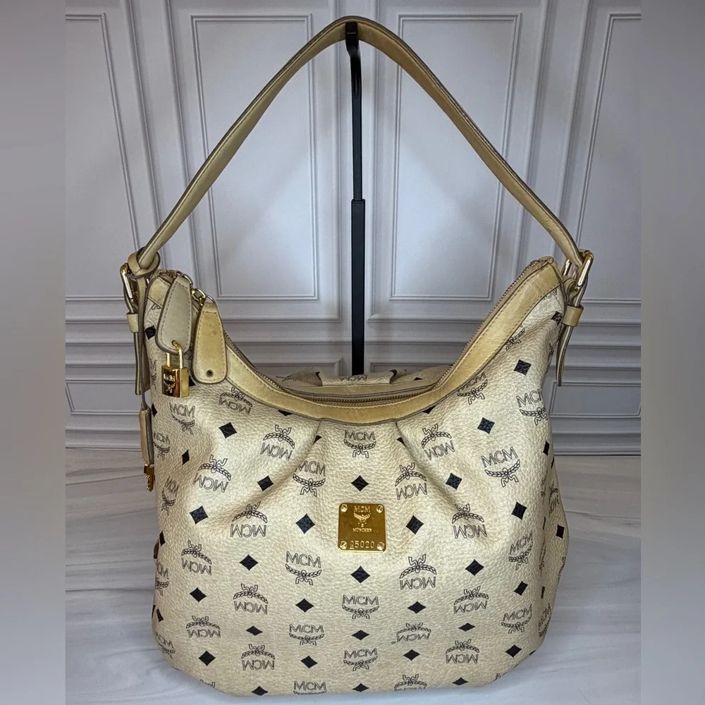 MCM Light Beige Visetos Leather Monogram Hobo Shoulder Bag | Lock & Key Included
